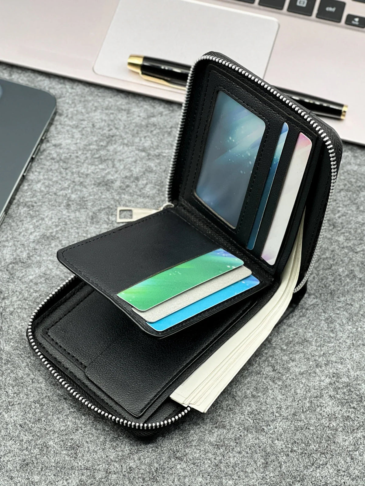 Compact Men's PU Leather Wallet with Zipper Closure and Slim Card Holder