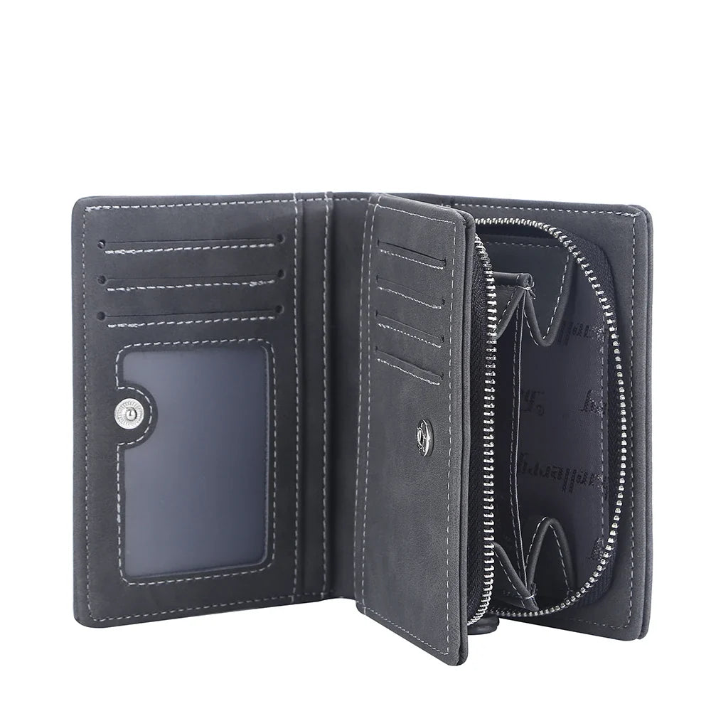 Compact PU Men's Wallet with Zip, Button, and Large Storage Capacity
