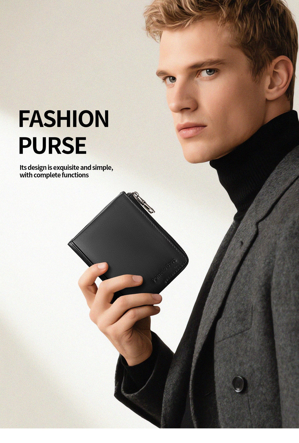 Compact Zippered Men's Wallet in Genuine Leather 85 Grams