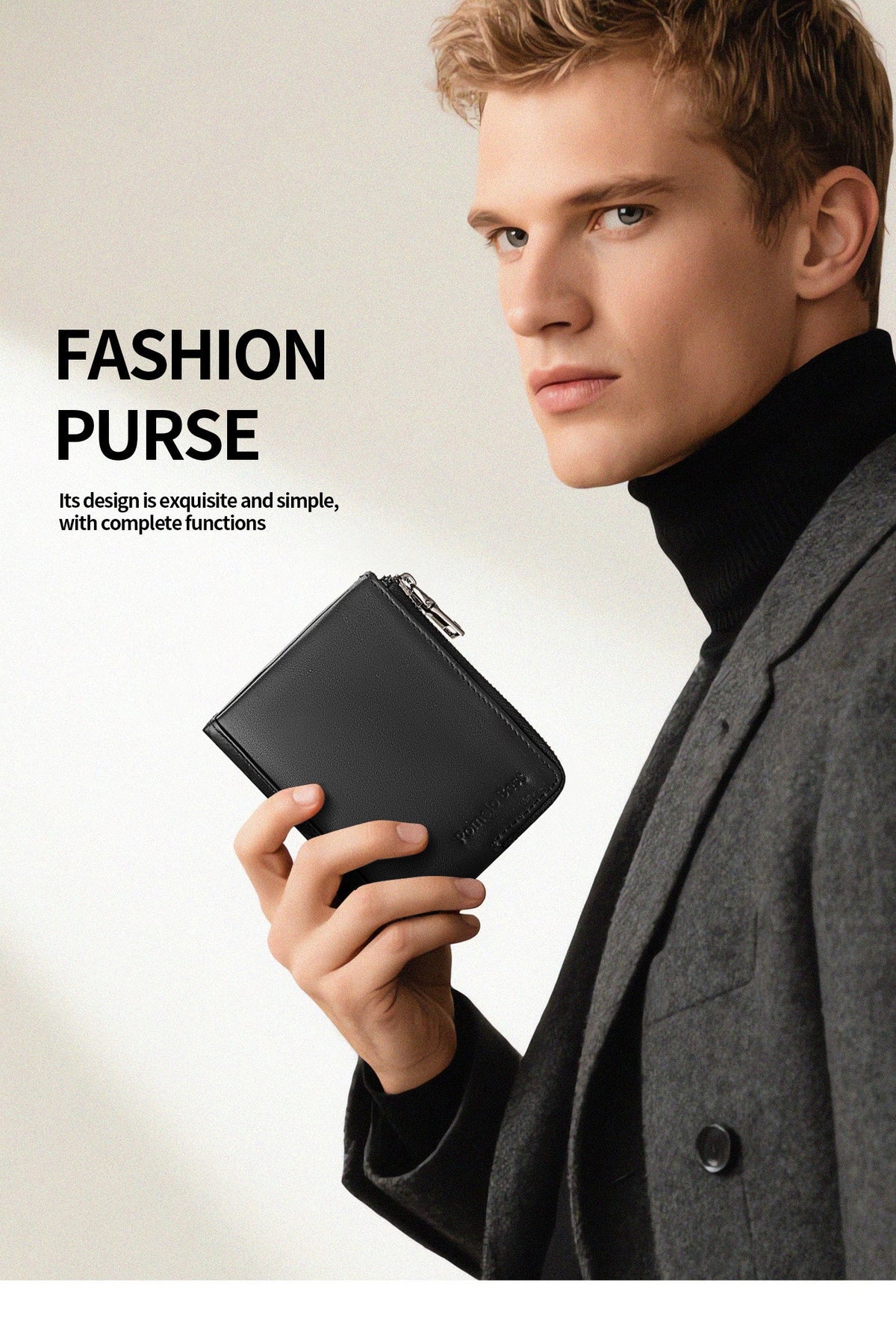 Compact Zippered Men's Wallet in Genuine Leather 85 Grams