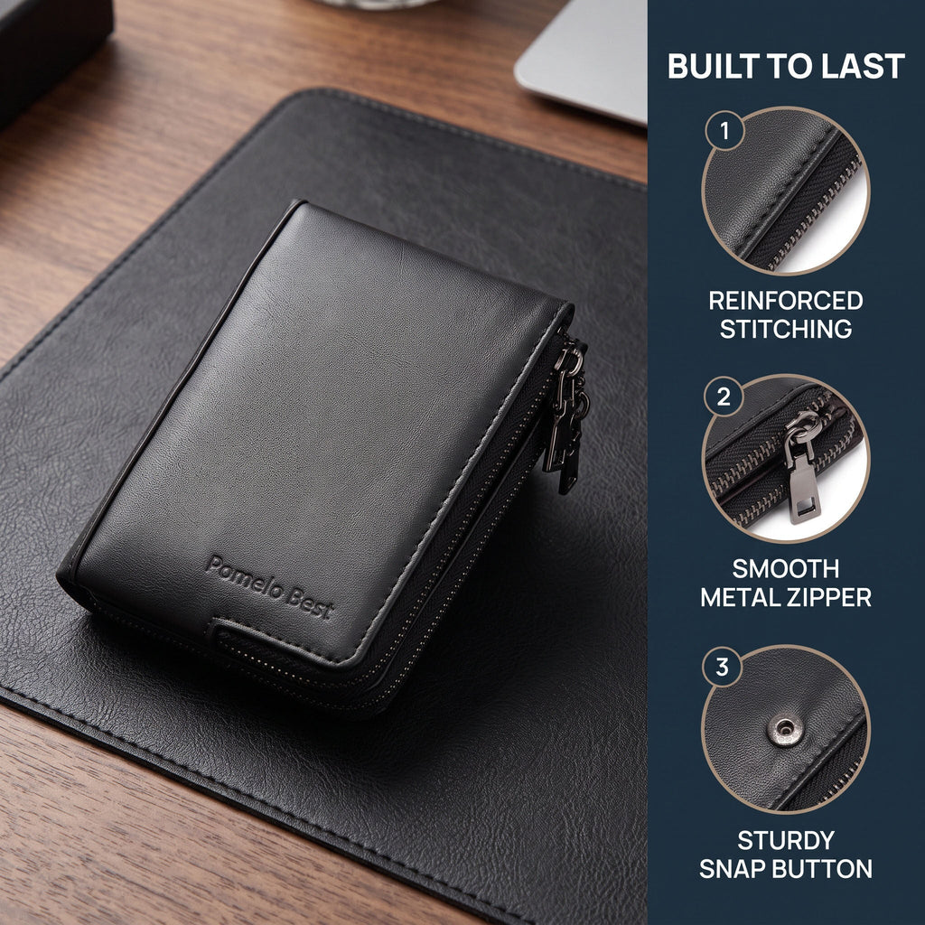 Compact Zippered Men's Wallet in Genuine Leather 85 Grams