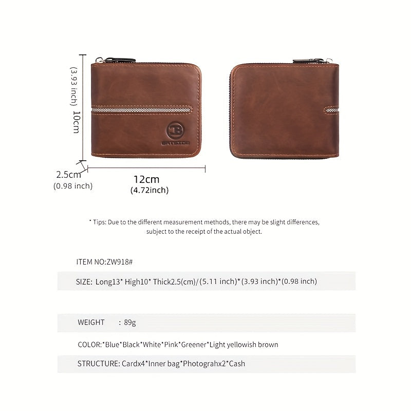 Compact Zippered Wallet for Men, 12 x 10 cm