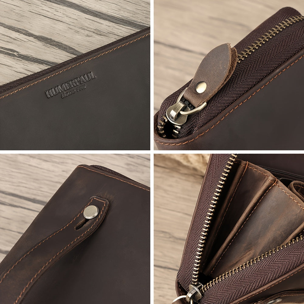 Men's Crazy Horse Leather Zip Wallet, 21 cm