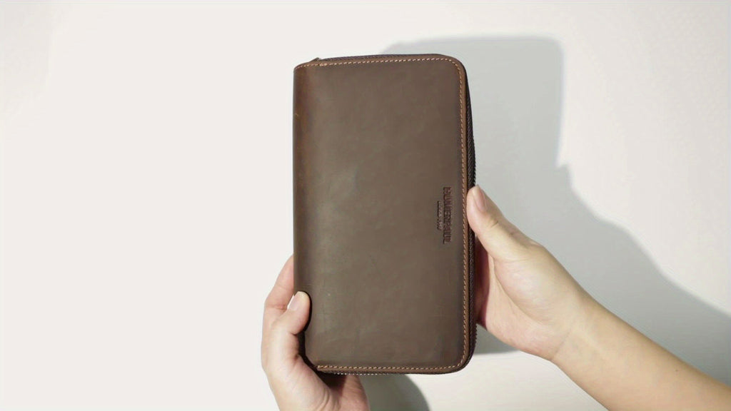 Men's Crazy Horse Leather Zip Wallet, 21 cm