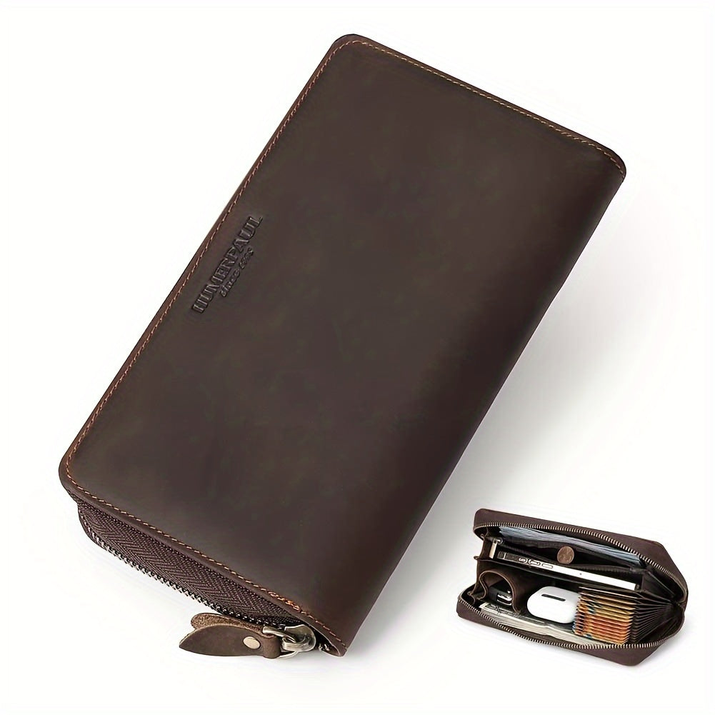 Men's Crazy Horse Leather Zip Wallet, 21 cm
