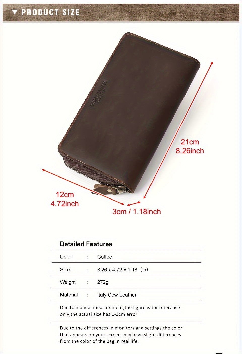 Men's Crazy Horse Leather Zip Wallet, 21 cm Image