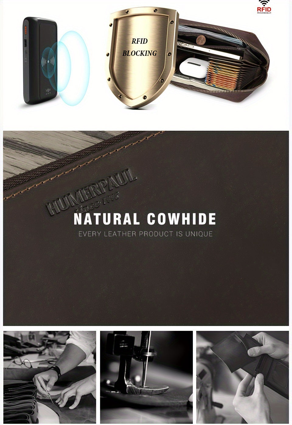 Men's Crazy Horse Leather Zip Wallet, 21 cm Image