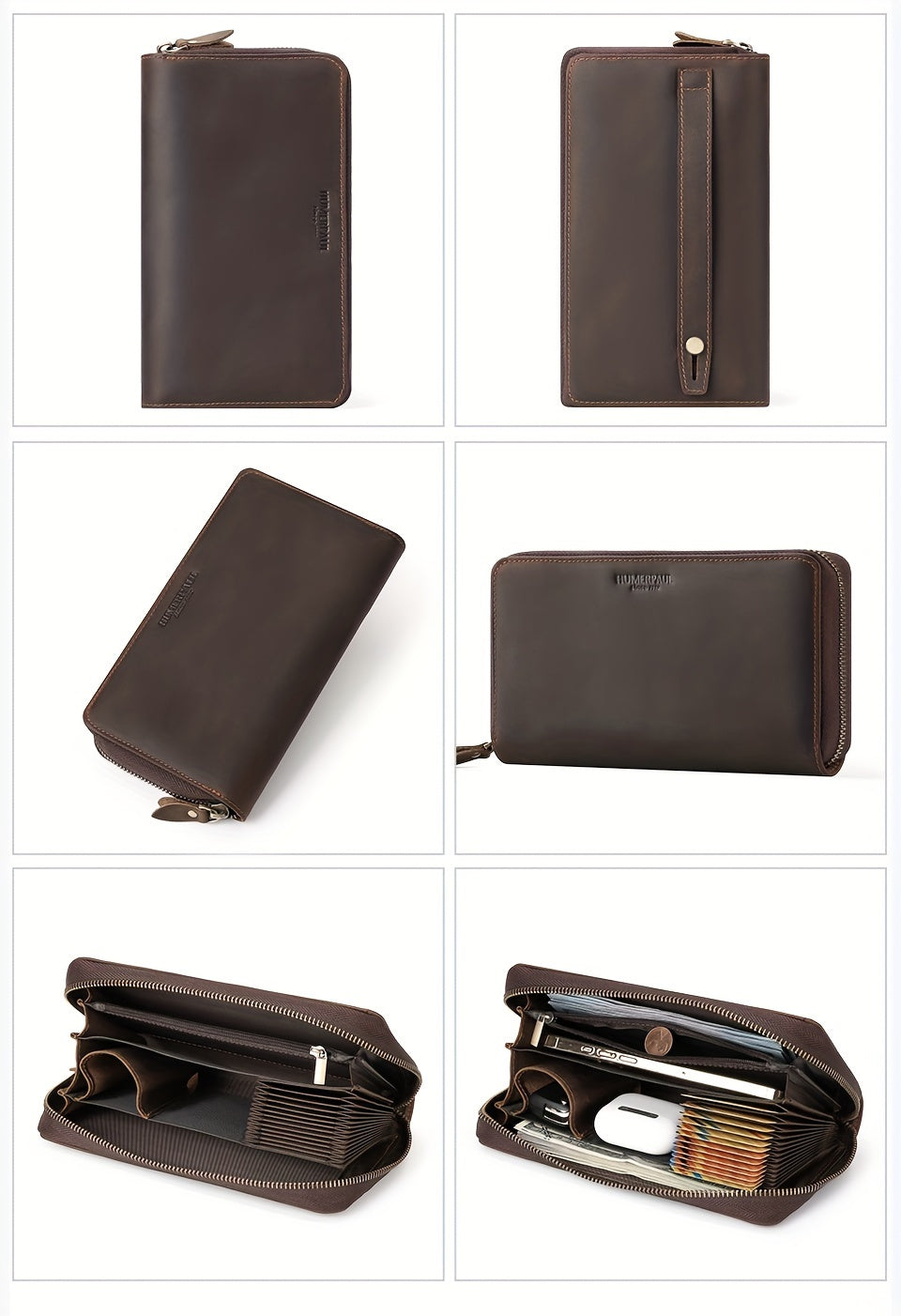 Men's Crazy Horse Leather Zip Wallet, 21 cm