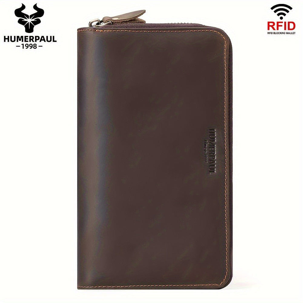 Men's Crazy Horse Leather Zip Wallet, 21 cm