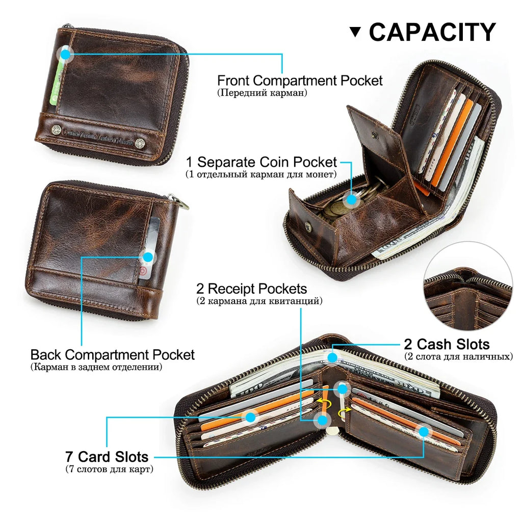 Genuine Leather Wallet - Designer Luxury & Zippered Security