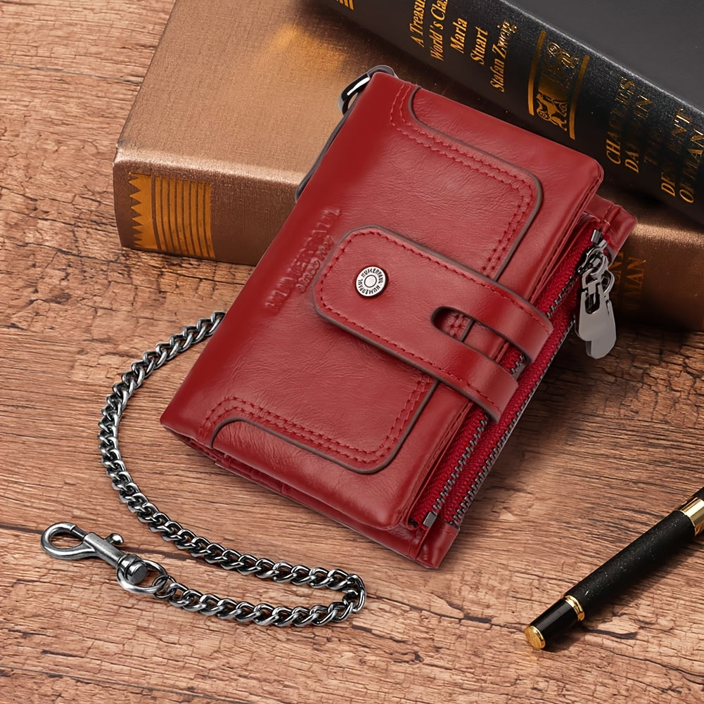 Men's Short Leather Wallet with Chain, 14 Card Slots