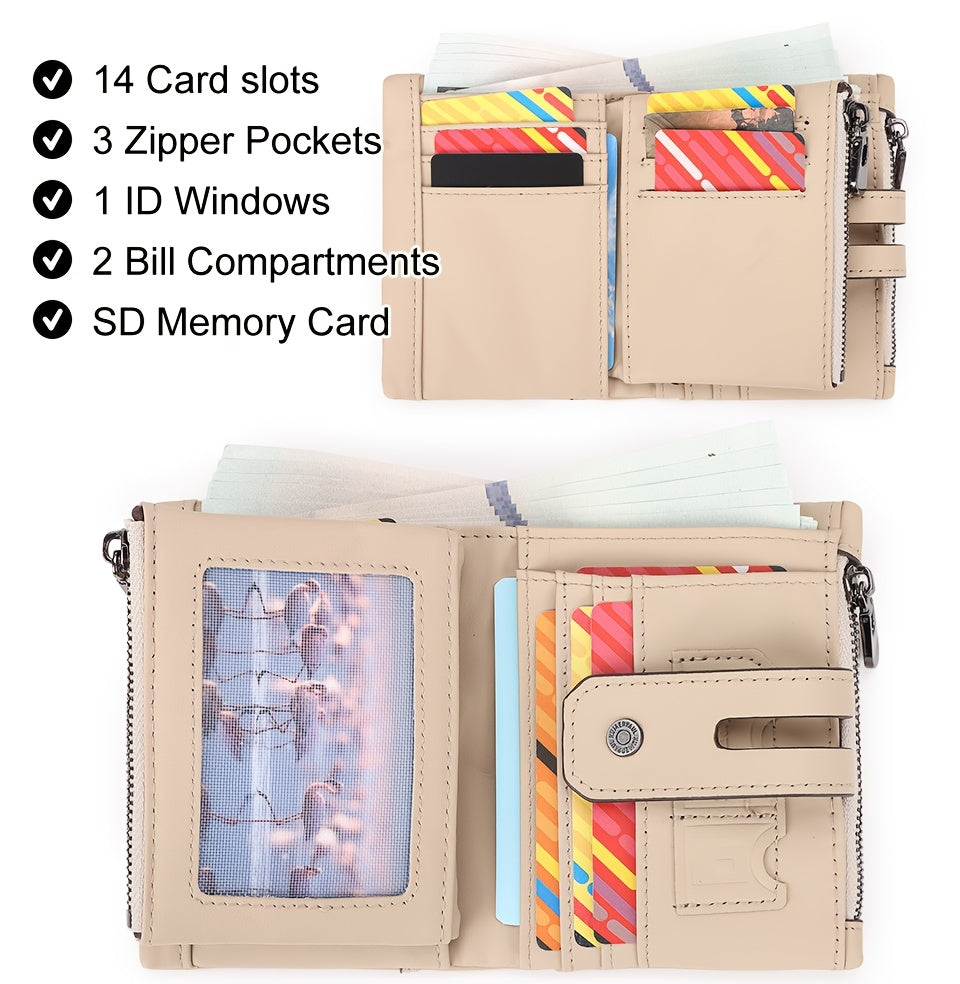 Men's Short Leather Wallet with Chain, 14 Card Slots