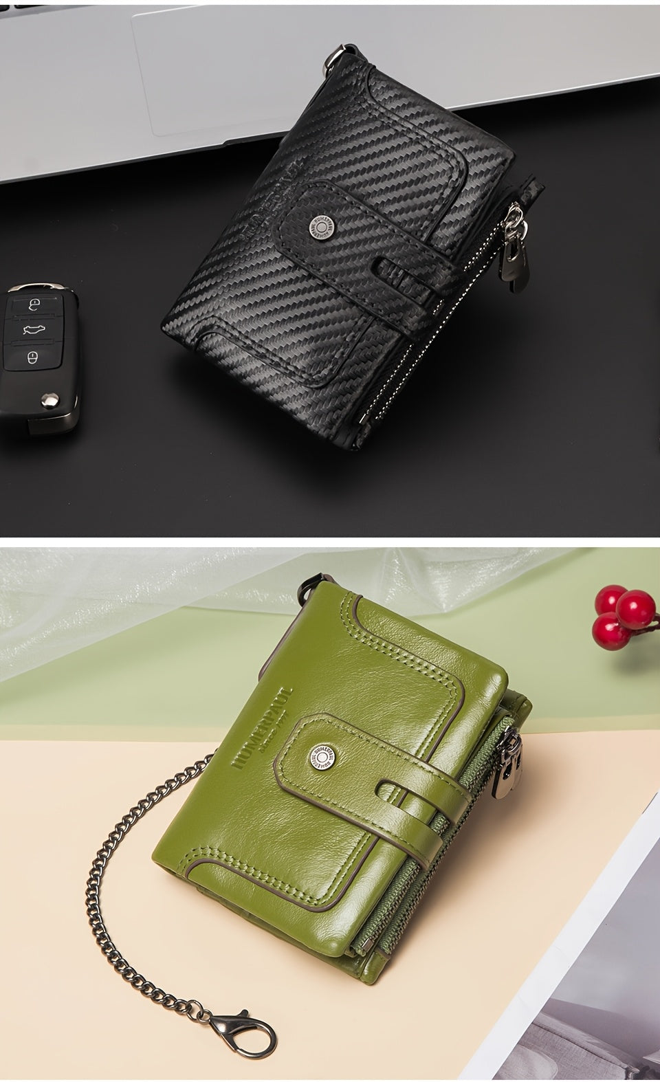 Men's Short Leather Wallet with Chain, 14 Card Slots