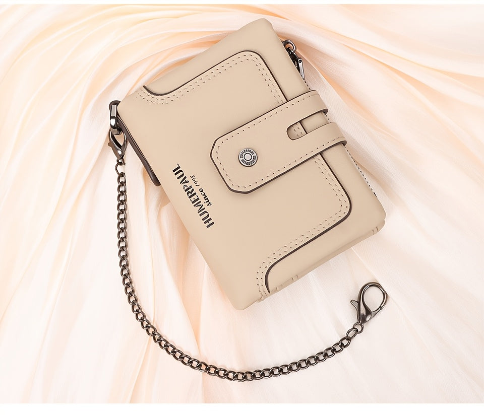 Men's Short Leather Wallet with Chain, 14 Card Slots