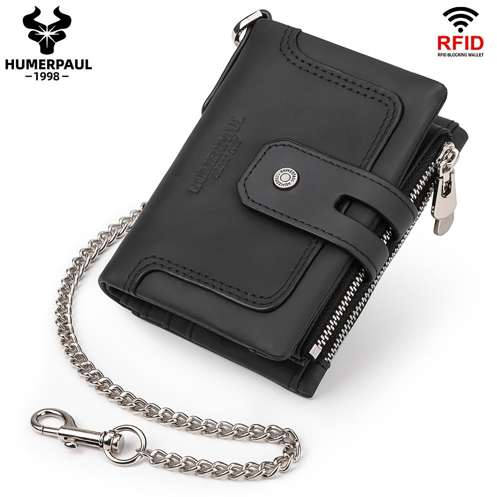 Men's Short Leather Wallet with Chain, 14 Card Slots