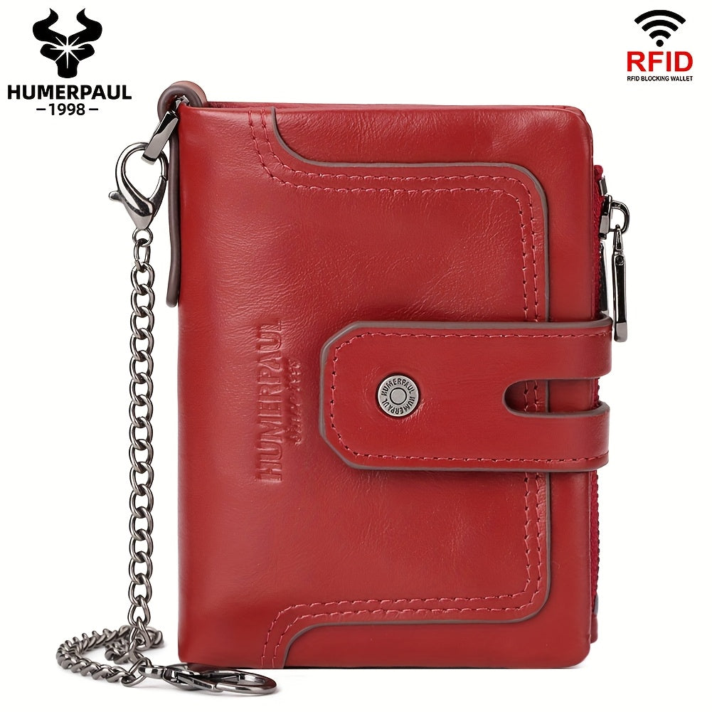 Men's Short Leather Wallet with Chain, 14 Card Slots