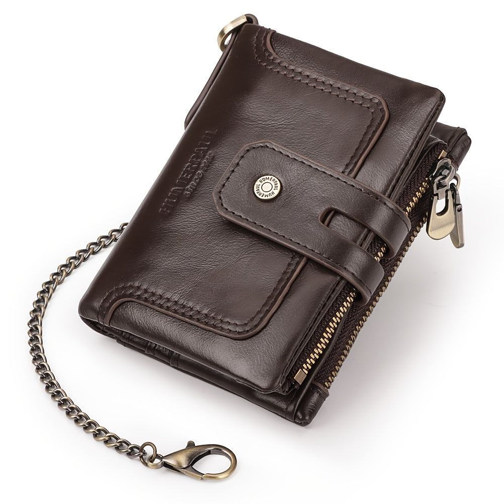 Men's Short Leather Wallet with Chain, 14 Card Slots
