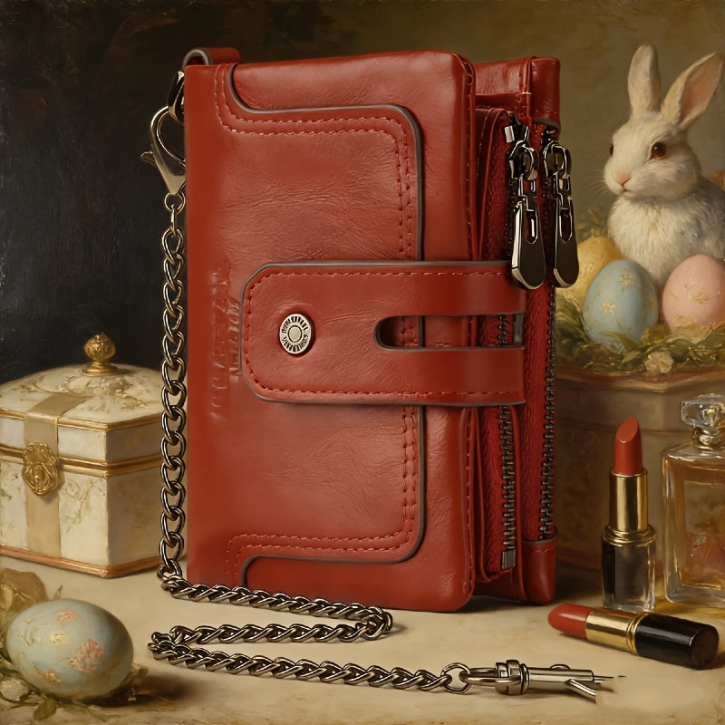 Men's Short Leather Wallet with Chain, 14 Card Slots