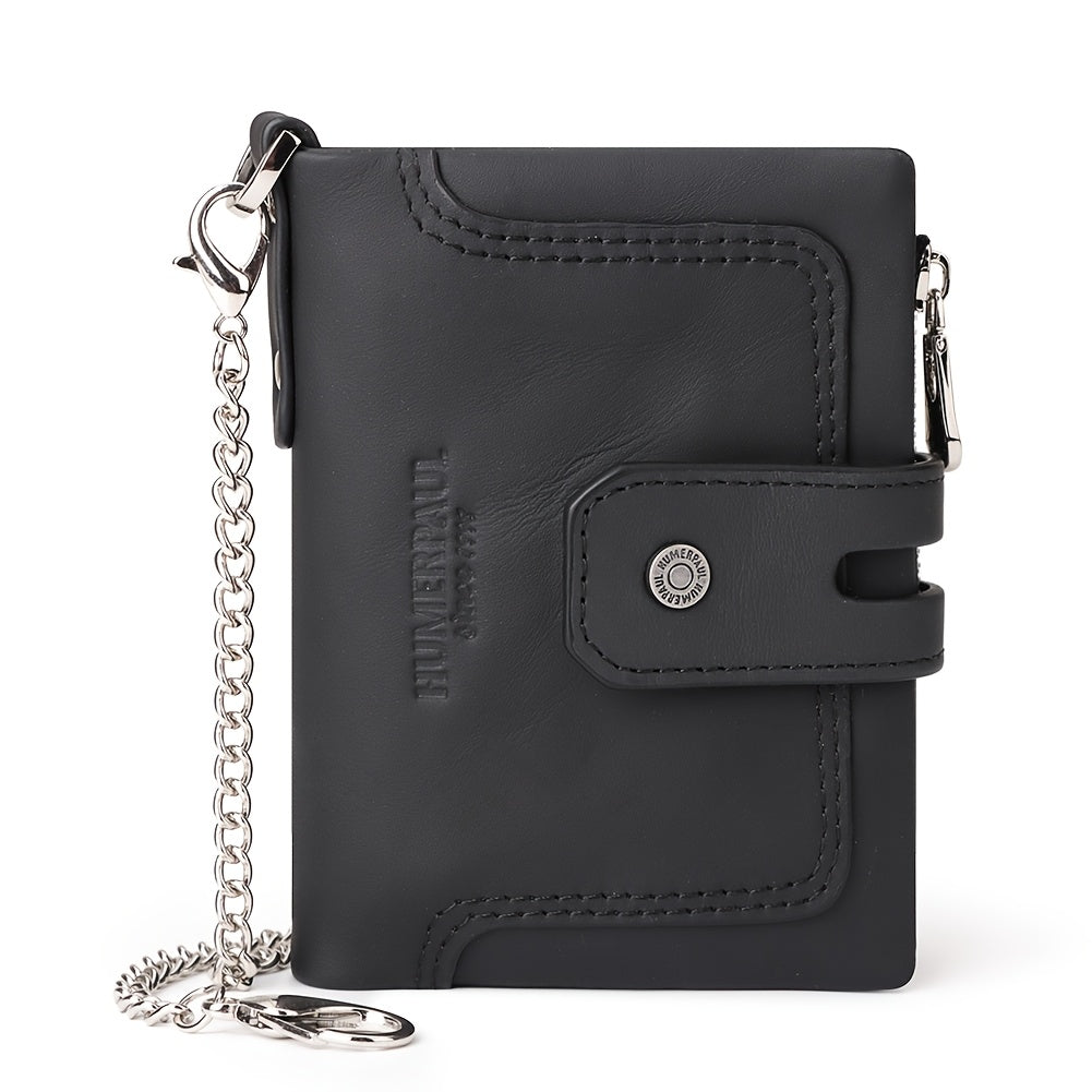 Men's Short Leather Wallet with Chain, 14 Card Slots