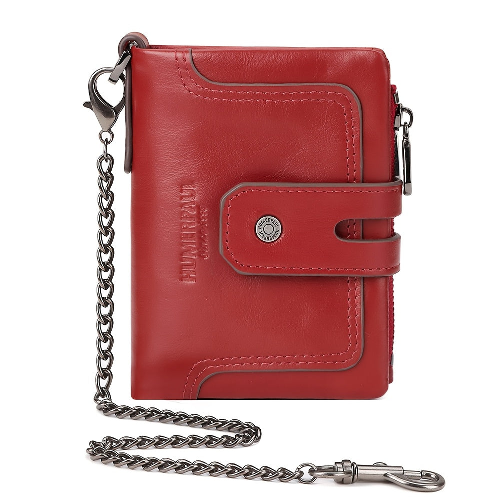 Men's Short Leather Wallet with Chain, 14 Card Slots
