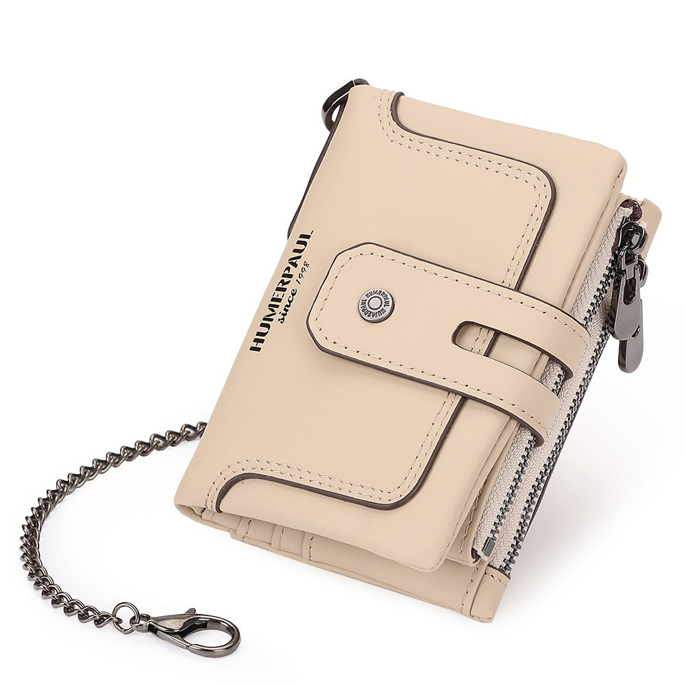 Men's Short Leather Wallet with Chain, 14 Card Slots