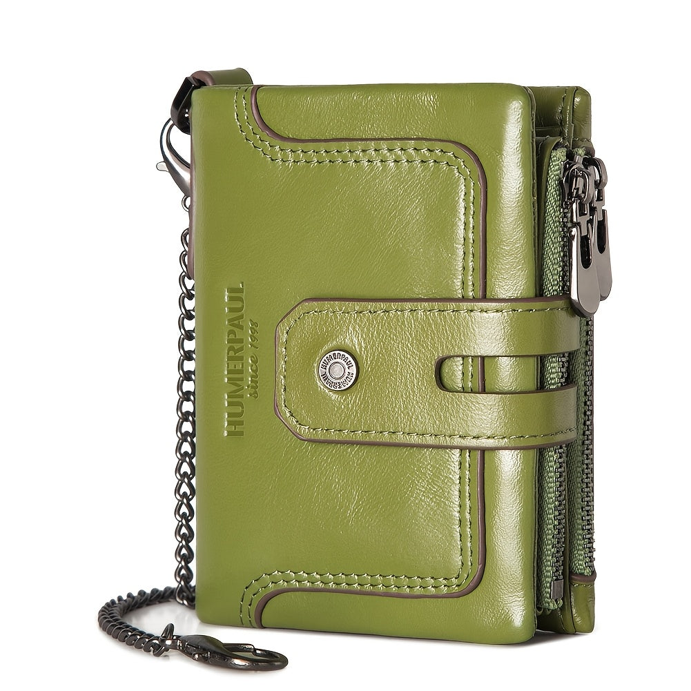 Men's Short Leather Wallet with Chain, 14 Card Slots