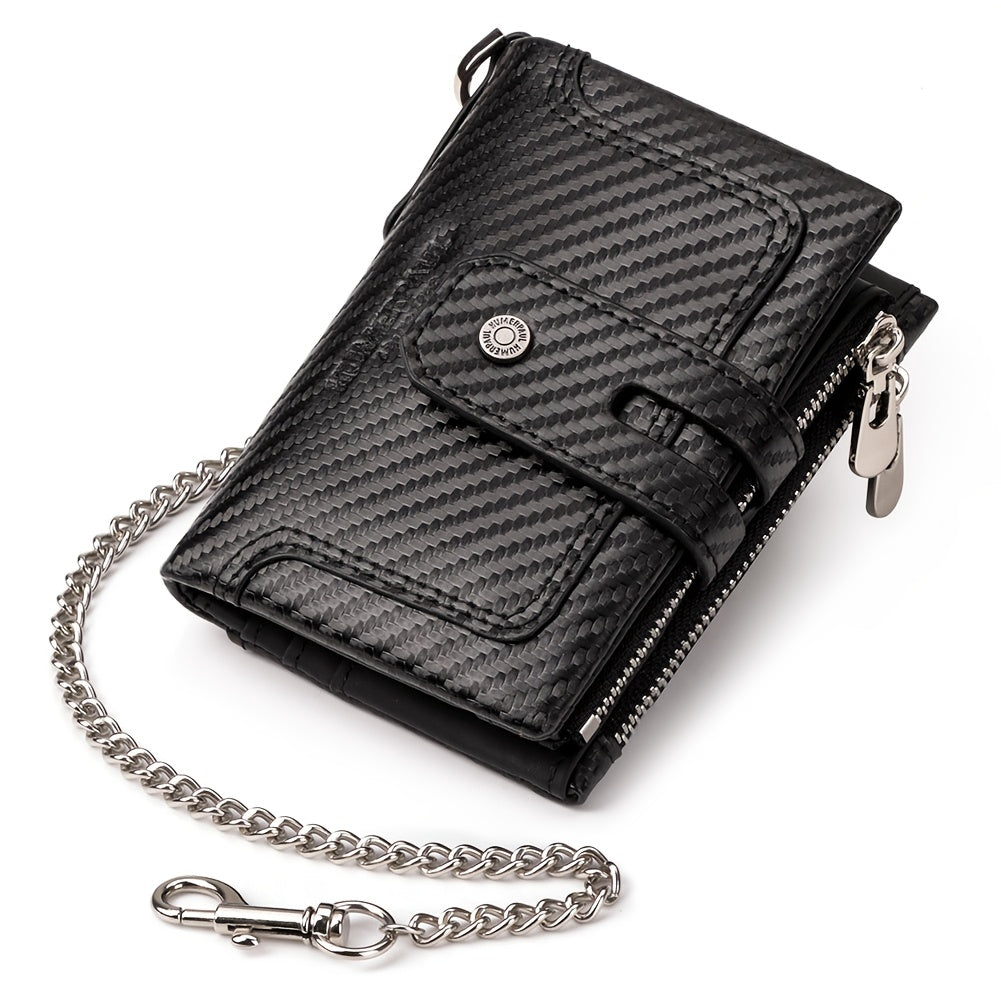 Men's Short Leather Wallet with Chain, 14 Card Slots