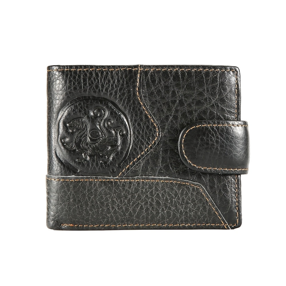 Men's Short Wallet in Embossed Leather with Relief Medallion