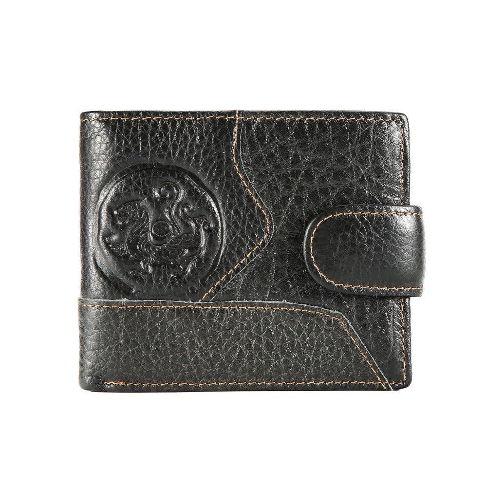 Men's Short Wallet in Embossed Leather with Relief Medallion