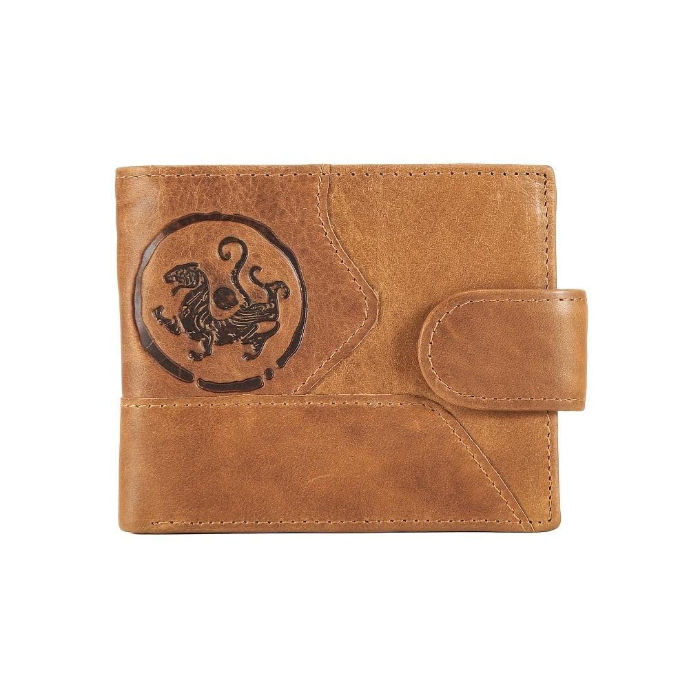 Men's Short Wallet in Embossed Leather with Relief Medallion Image