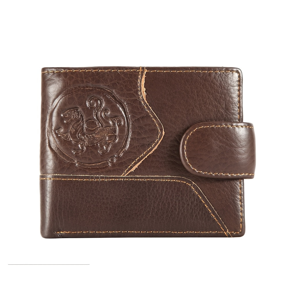 Men's Short Wallet in Embossed Leather with Relief Medallion Image