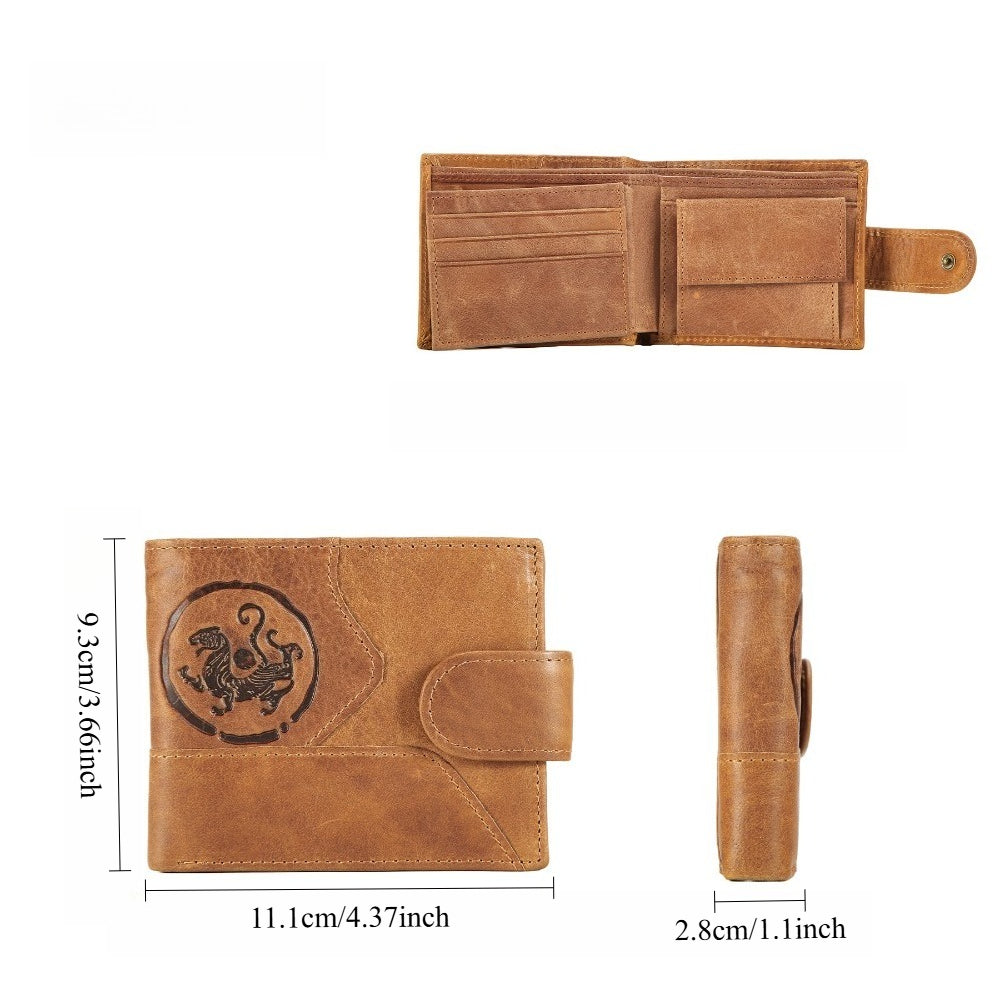 Men's Short Wallet in Embossed Leather with Relief Medallion