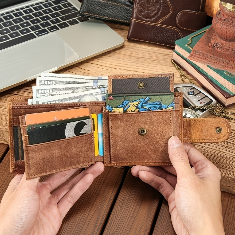 Men's Short Wallet in Embossed Leather with Relief Medallion