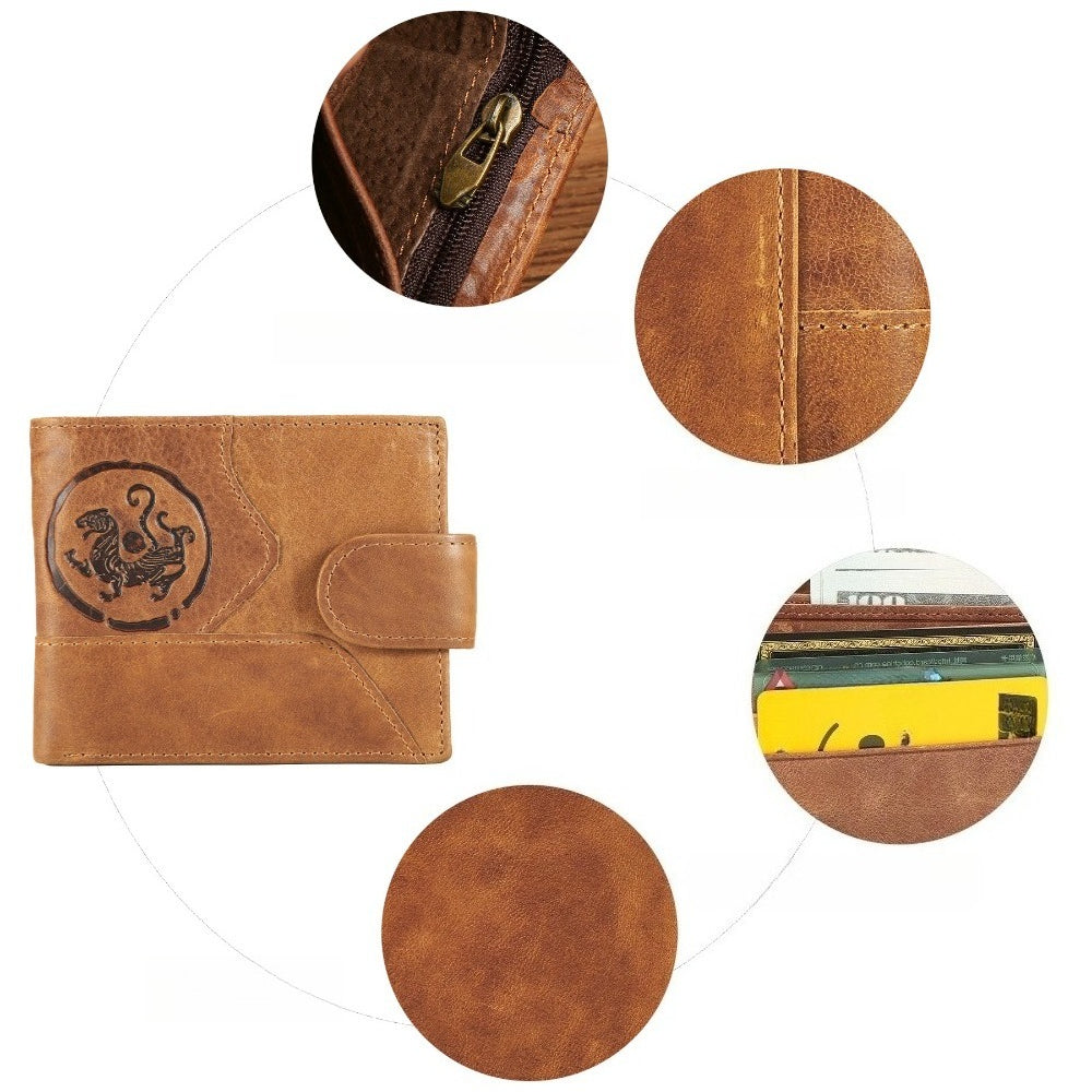 Men's Short Wallet in Embossed Leather with Relief Medallion