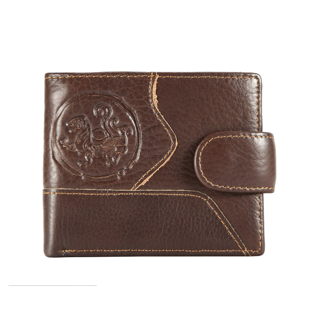 Men's Short Wallet in Embossed Leather with Relief Medallion
