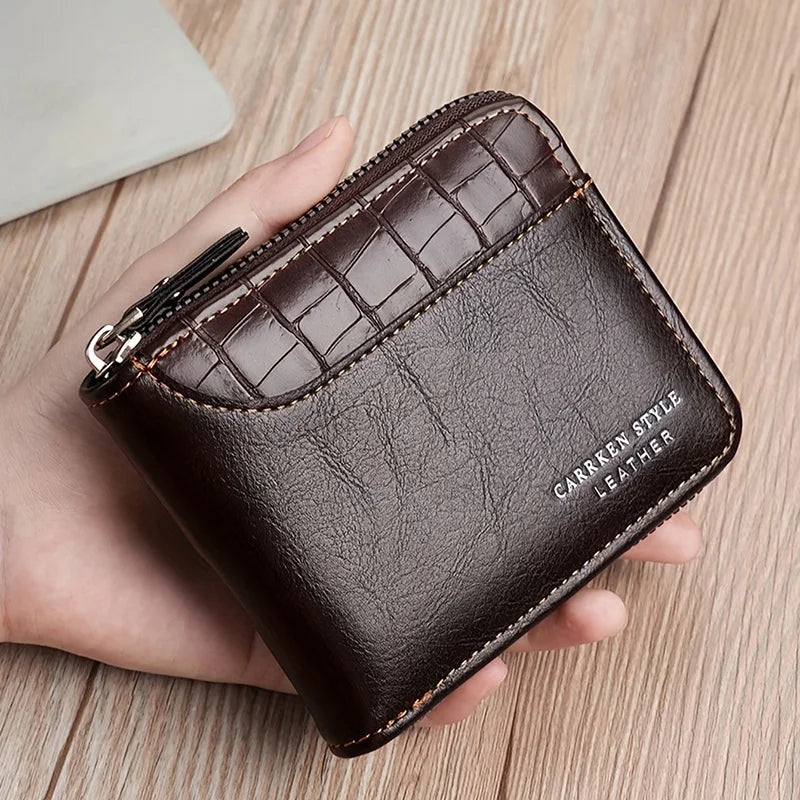 Men's Luxury Short Zipper Wallet — Stone Pattern and Retro Patchwork