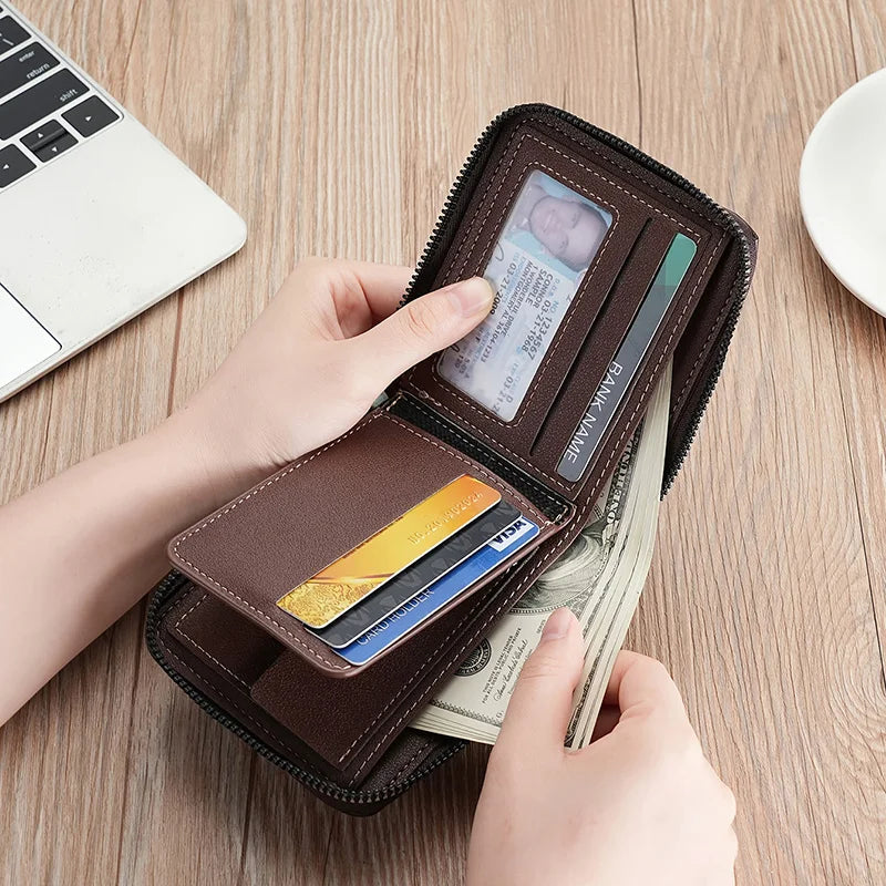 Men's Luxury Short Zipper Wallet — Stone Pattern and Retro Patchwork Image