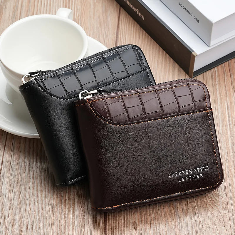 Men's Luxury Short Zipper Wallet — Stone Pattern and Retro Patchwork