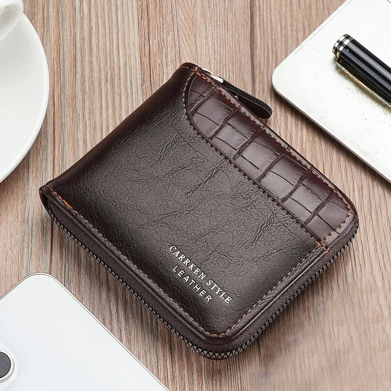 Men's Luxury Short Zipper Wallet — Stone Pattern and Retro Patchwork