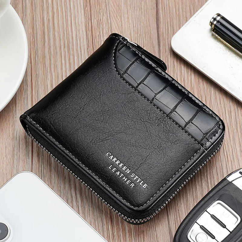 Men's Luxury Short Zipper Wallet — Stone Pattern and Retro Patchwork