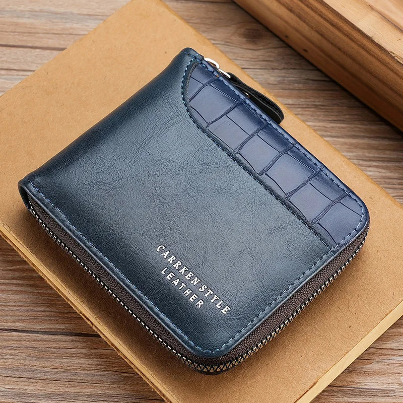 Men's Luxury Short Zipper Wallet — Stone Pattern and Retro Patchwork