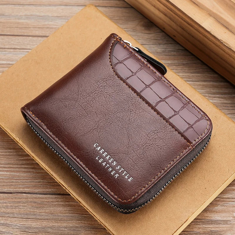 Men's Luxury Short Zipper Wallet — Stone Pattern and Retro Patchwork