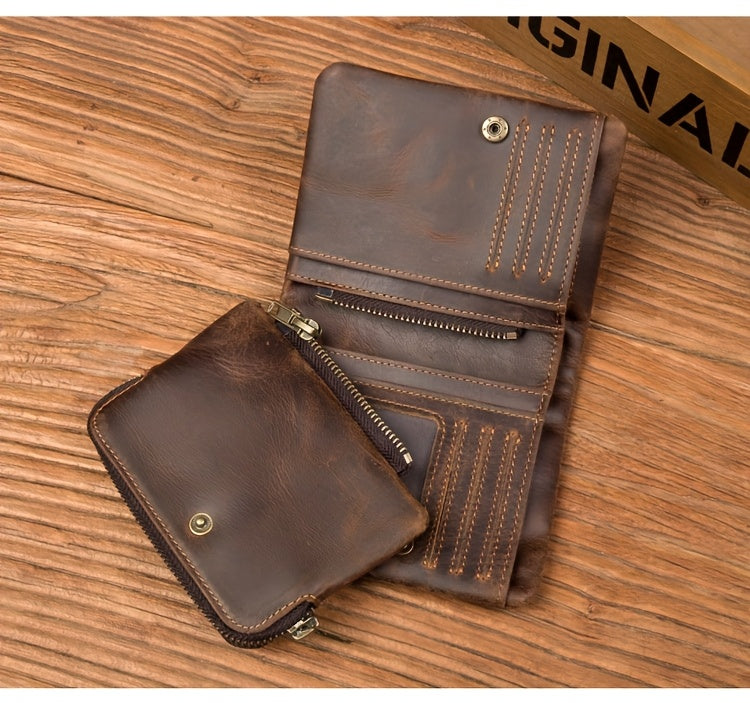 Men's Crazy Horse Leather Wallet, Three-Sided Zipper
