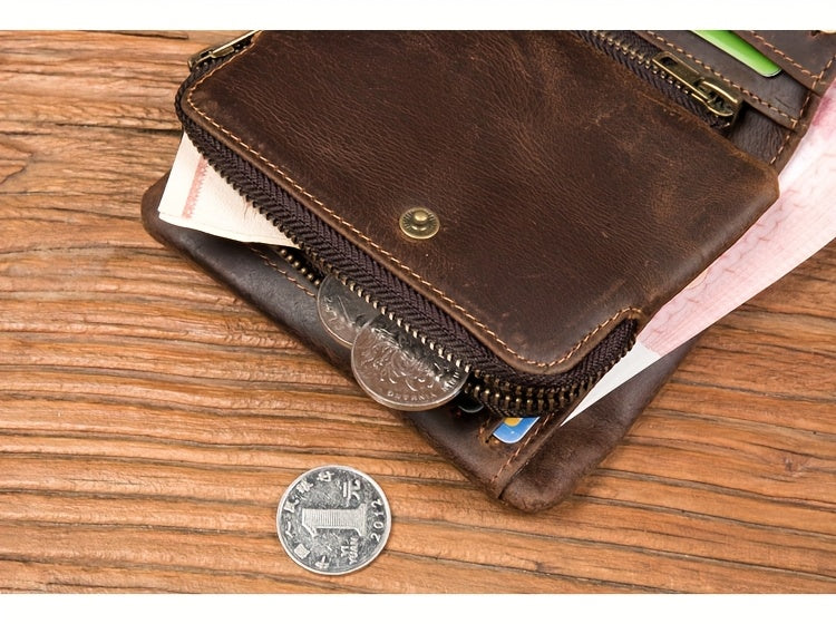 Men's Crazy Horse Leather Wallet, Three-Sided Zipper