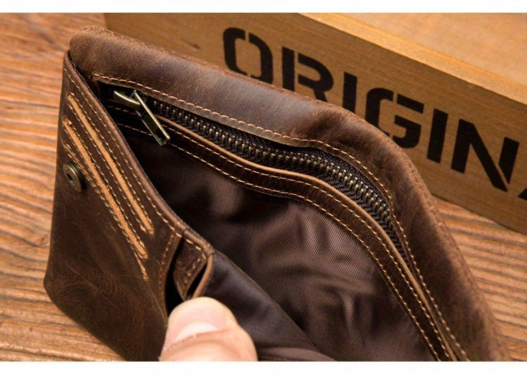 Men's Crazy Horse Leather Wallet, Three-Sided Zipper
