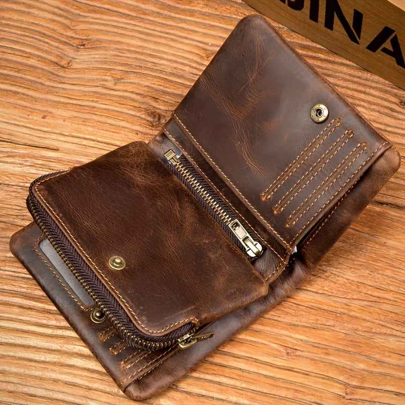 Men's Crazy Horse Leather Wallet, Three-Sided Zipper