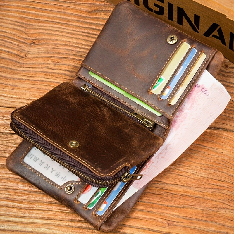 Men's Crazy Horse Leather Wallet, Three-Sided Zipper