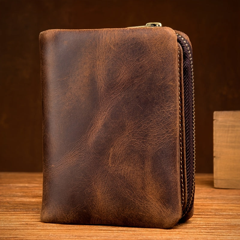 Men's Crazy Horse Leather Wallet, Three-Sided Zipper