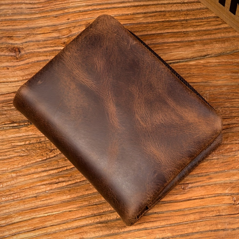 Men's Crazy Horse Leather Wallet, Three-Sided Zipper