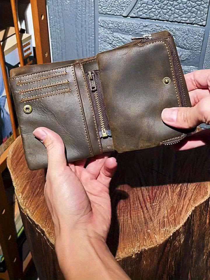 Men's Crazy Horse Leather Wallet, Three-Sided Zipper